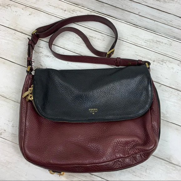 Fossil All Leather Crossbody Messenger Bag Flap Zip Around Expandable Colorblock - Picture 1 of 14